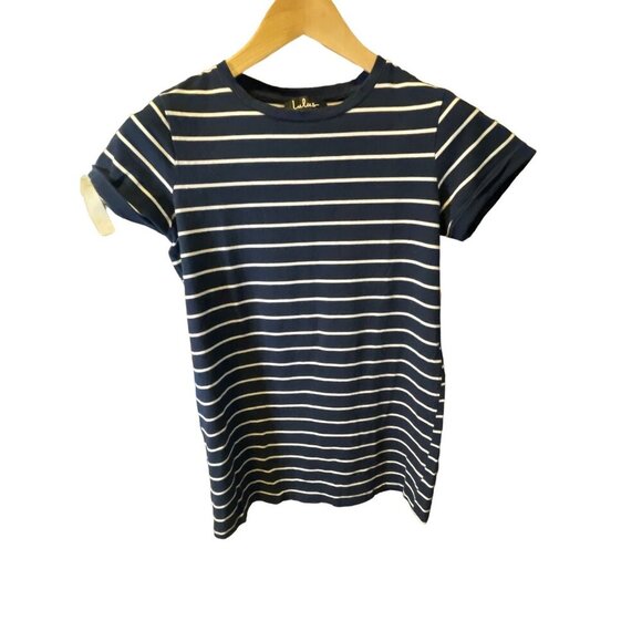 Lulu's Navy White Striped Short Sleeve Crew Neck Top SZ Small - Picture 1 of 8